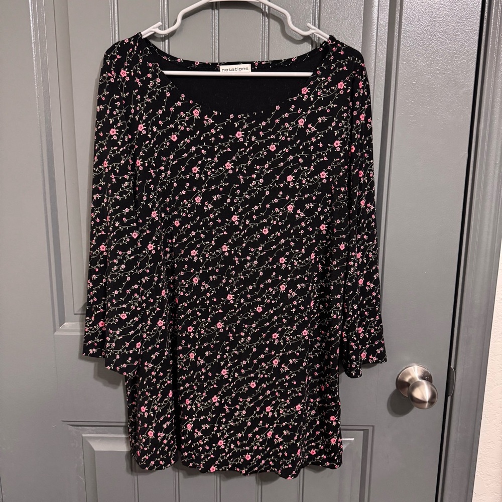 Notations Black Top with Pink Romantic Floral Accents